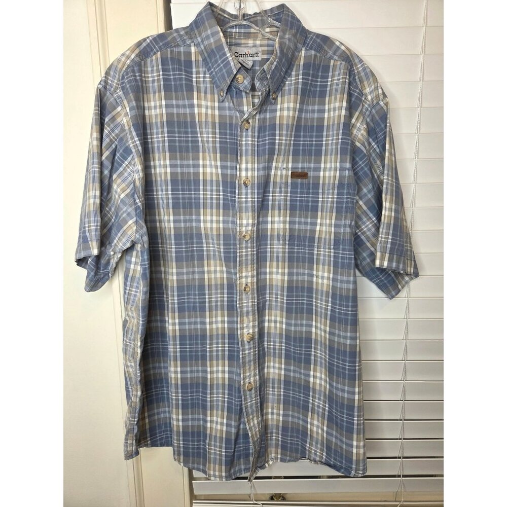 Carhartt Mens Plaid SS Plaid Shirt XL Button-Up Cotton Blue/Beige Grandpacore